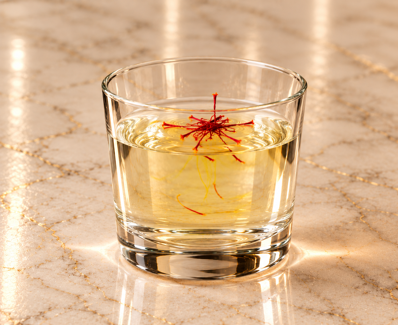 Saffron gradually releasing colour in a glass of water